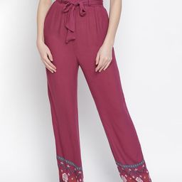 Oxolloxo Women Maroon Floral Print Trousers-image-83