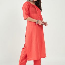 Bitterlime Yoke Design Pleated Pure Cotton Kurta With Trouser-picture-17