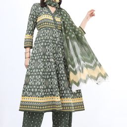 Vishudh Women Green Printed Pure Cotton Anarkali Kurta With Trousers & Dupatta-30