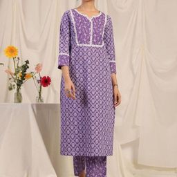 PHYSIL Floral Printed Notch Neck Pure Cotton Straight Kurta with Trousers-image-2