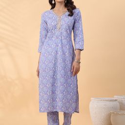 Janasya Floral Printed V-Neck Regular Pure Cotton Straight Kurta With Trousers-image-25