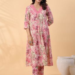 Janasya Floral Printed V-Neck Pleated Pure Cotton Straight Kurta With Trousers-47