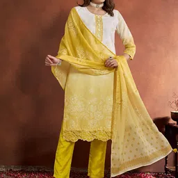 Anouk Yellow Floral Printed Straight Sequined Kurta with Trousers & Dupatta-image-81