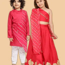 PICCOLO Boys Pink & White Leheriya Printed Layered Kurta with Trousers-22
