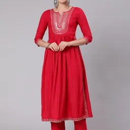 AADAT Embroidered Notched Round Neck Kurta With Trousers-25