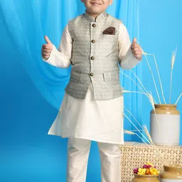 VASTRAMAY Boys Cream-Coloured Kurta with Trousers With Nehru Jacket-image-59