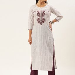 VAABA Women Striped Thread Work Kurta with Trousers-11