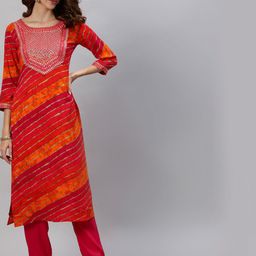 Haute and Humble Women Leheriya Printed Regular Thread Work Kurta with Trousers-42