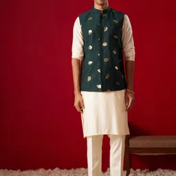VASTRAMAY Mandarin Collar Kurta with Trousers And Embellished Nehru Jacket-48