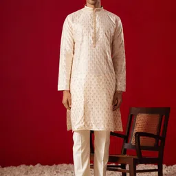 VASTRAMAY Ethnic Motifs Woven Design Thread Work Detailed Straight Kurta With Trouser-image-91