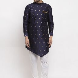 KLOTTHE Men Navy Blue & White Ethnic Motifs Angrakha Kurta with Trousers-image-100