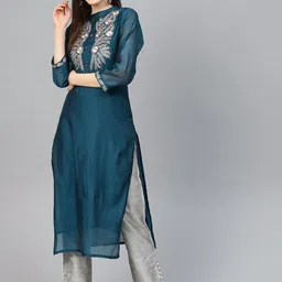 Varanga Women Navy Blue Floral Embroidered Regular Kurta with Trousers-picture-28