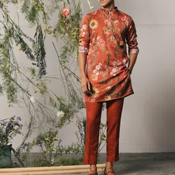 Project Bandi Floral Printed Band Collar Straight Kurta with Trousers-88
