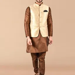 PRINTCULTR Mandarin Collar Pure Silk Straight Kurta With Pyjamas & Nehru Jacket-image-59