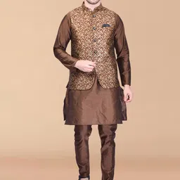 PRINTCULTR Mandarin Collar Regular Pure Silk Kurta With Trousers & Nehru jacket-54