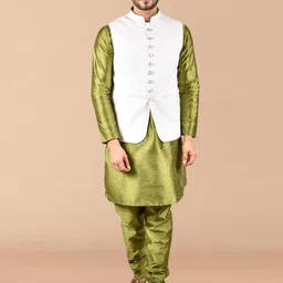 PRINTCULTR Mandarin Collar Straight Pure Silk Kurta With Trousers & Nehru Jacket-image-57