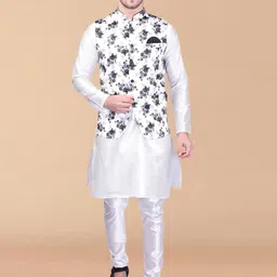 PRINTCULTR Mandarin Collar Pure Silk Straight Kurta With Churidar & Nehru Jacket-image-86