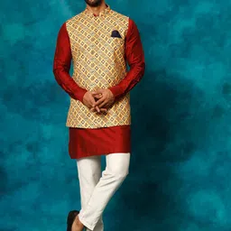VASTRAMAY Mandarin Collar Regular Kurta with Trousers-image-4