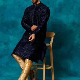 VASTRAMAY Floral Embroidered Sequinned Straight Kurta With Trousers-picture-51