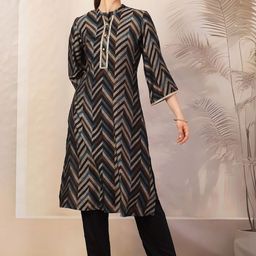 Nayam By Lakshita Chevron Printed Mandarin Collar Sequinned A-Line Kurta with Trousers-image-68