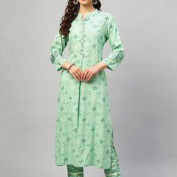Aaheli Women Green Printed Sequinned Kurta with Trousers-picture-30