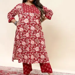Sringam Round Neck Floral Printed Regular Sequinned Pure Cotton Kurta with Trousers-14