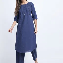 Vishudh Women Blue Embrioderd Pure Cotton Kurti with Trousers-image-88
