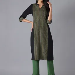 AURELIA Women Blac & Green Striped Panelled Pure Cotton Kurta with Trousers-picture-16