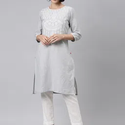 Marcia Women Grey Embroidered Pure Cotton Kurti with Trousers-image-95