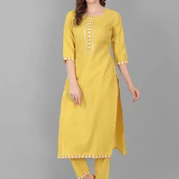 V TRADITION Women Yellow Embroidered Gotta Patti Kurta with Trousers-image-95