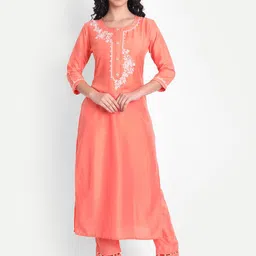 V TRADITION Women Orange Floral Embroidered Kurta with Trousers-image-88