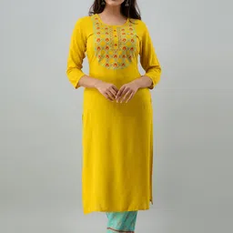 KIMAYRA Women Mustard Yellow Embroidered Pleated Kurti with Trousers & With Dupatta-image-15