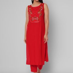 KALINI Women Red Floral Embroidered Mirror Work Kurta with Trousers-44