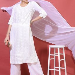 Vishudh Women Off White Floral Embroidered Chikankari Kurta with Palazzos & With Dupatta-picture-42