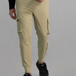 Snitch Men Beige Mid-Rise Slim Fit Cotton Cargos Trousers-image-80
