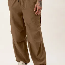 Bene Kleed Unisex Brown Parachute Fit Cotton Cargos Trousers-image-46
