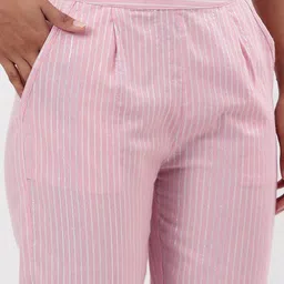 Fabriko Women Striped Smart Flared High-Rise Pure Cotton Pleated Trousers image 4