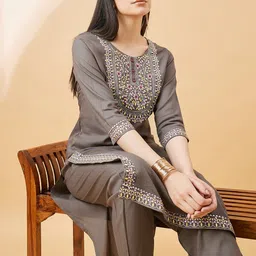 all about you Ethnic Motifs Yoke Design Thread Work Straight Kurta With Trouser image 1