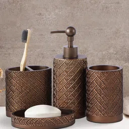 OBSESSIONS Brown 4 Pieces Textured Bathroom Accessories Set-4