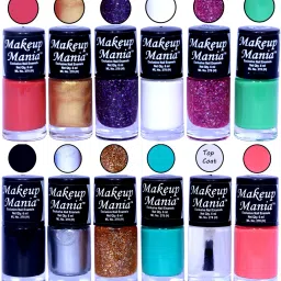 HD Color Nail Polish (Combo MM-136) Coral Red, Golden, Blue Glitter, White Base, Pink Glitter, Sea Green, Black, Silver, Golden, Turqoise, Top Coat, Pink-image-6