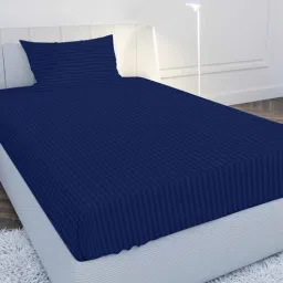 mayfair homes london Navy Blue Solid 210 TC Cotton Single Sized Bedsheet with 1 Pillow Cover Satin Stripe 2024 Collection-picture-37