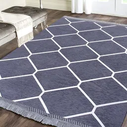 Sparrow world Grey & White Geometric Printed Velvet Chennille Rectangular Carpet-49