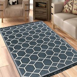 Sparrow world Grey & White Geometric Printed Velvet Chennille Rectangular Carpet-47