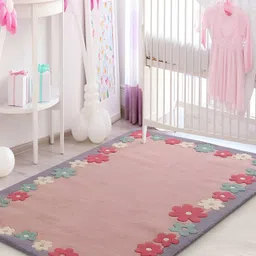 LITTLELOOMS Grey & Pink Floral Border Hand-Tufted Rectangular Woollen Carpet-44