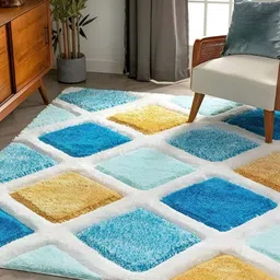 Shopgallery Turquoise Blue & Yellow Geometric Anti-Skid Shaggy Carpet-image-66
