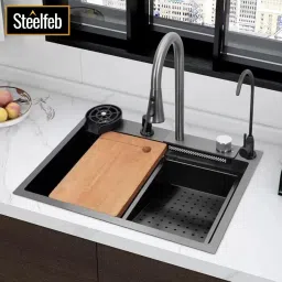 24X18 Waterfall Kitchen Sink (304 Grade) With Pullout Waterfall Faucet & Glass Washer & Soap Dispenser & RO Water Faucet (Anti-Scratch) (Anti-Stain) Vessel Sink-image-68