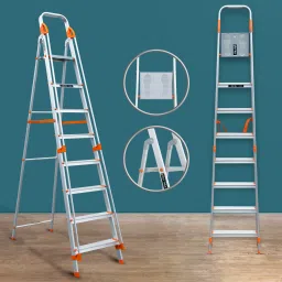 plantex Ladder for Home/8 Step Foldable Ladder with Safe Hand Rails-(Orange-Silver) Aluminium Ladder image 2
