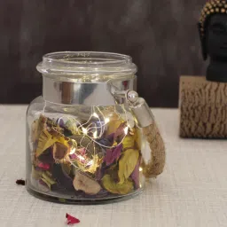 Set of 1 Glass Lantern with Jute Rope Handle, Cork Led String Light and Potpourri Petals for Home Decoration Items Wall Hanging Table Wedding Festive Décor Clear Glass, Jute Table Lantern-11