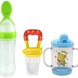 Combo of 3 Baby Safe Silicone Squeeze Fresh Food Feeder Bottle with Food Dispensing Spoon, Infant Food Nibbler Teething Toy Feeding Pacifier and Plastic Sipper Cup-240ml (Multi 8) - 240 ml-image-42