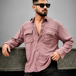 Men Oversized Fit Self Design Spread Collar Casual Shirt-image-4